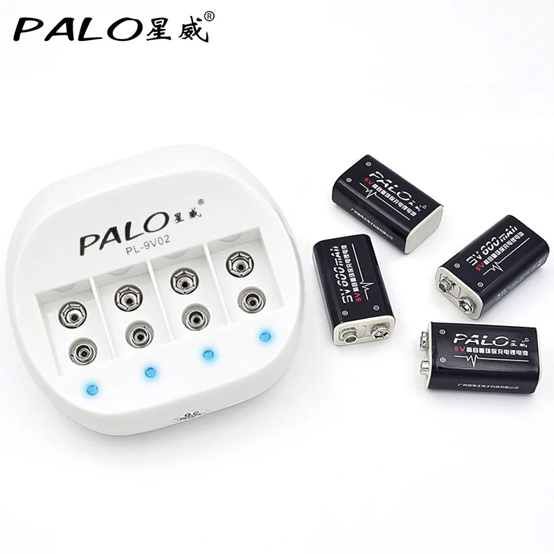 

PALO new 822 Smart Charger 4 Slot 9V Battery Charger 6F22 Lithium Ion Charger with EU/US Plug + 4pcs 9v Li-ion 600mah Batteries