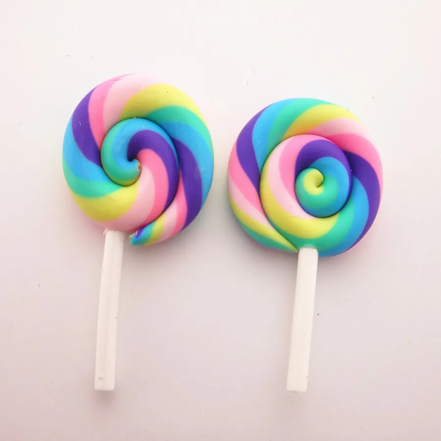 10pcs/lot 28*42MM Kawaii Soft Clay Rainbow Lollipop Cabochons Handmade Resin Material DIY Hair Bow Decorative