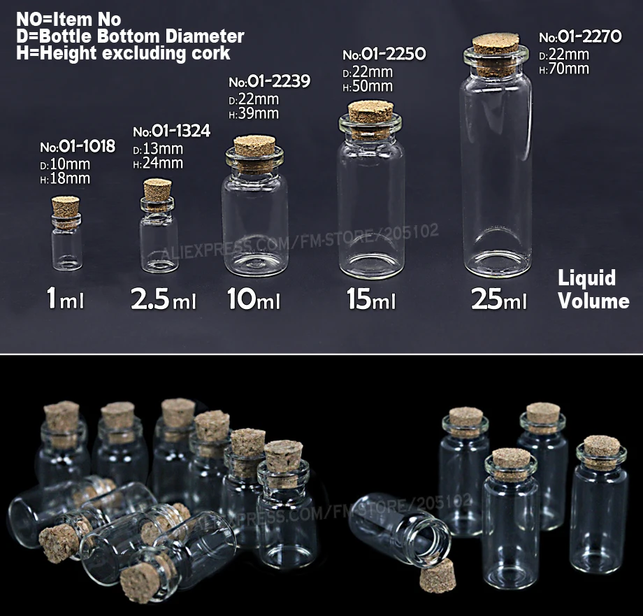 1-25 мл пустые прозрачные стеклянные бутылки, Баночки, флакон с пробковой пробкой для самостоятельного изготовления сообщений, образец духов, контейнер для дизайна ногтей, бусина, реагент