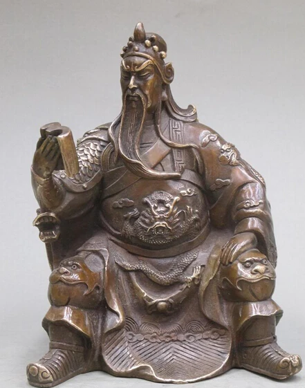 

bi003561 8"Chinese pure Bronze Tiger seats statue book on the art of war Guan-gong