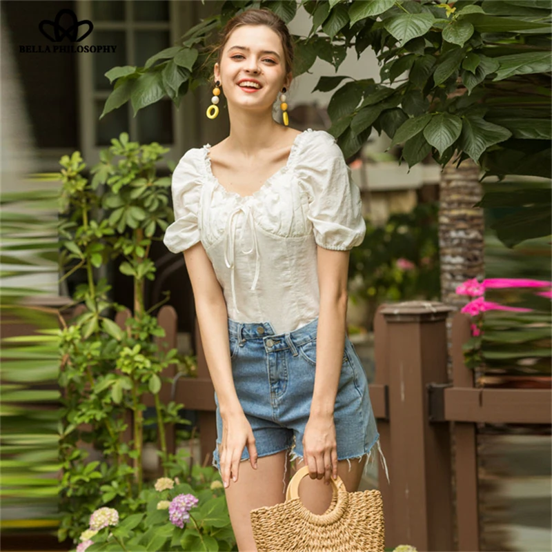New Women Cotton Blouses Ruched Puff Short Sleeve White Linen Shirt Tops Square Collar Ramie Shirt Blusas Wonder Store