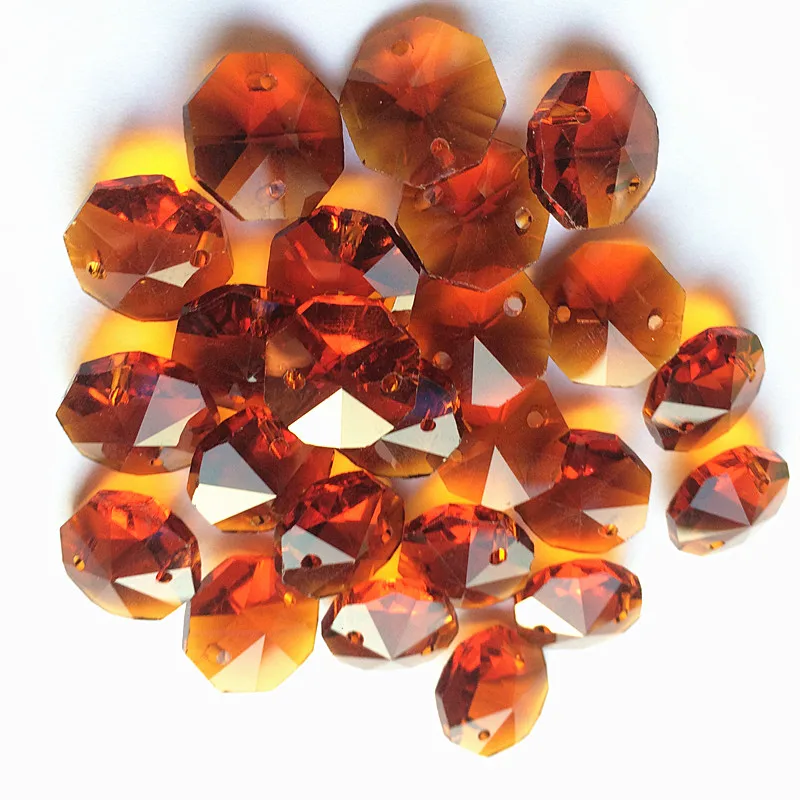 Fashion Brown 500pcs 14mm crystal octagon beads in 2 holes (Free rings)for Home decoration accessories Crystal Chandelier beads