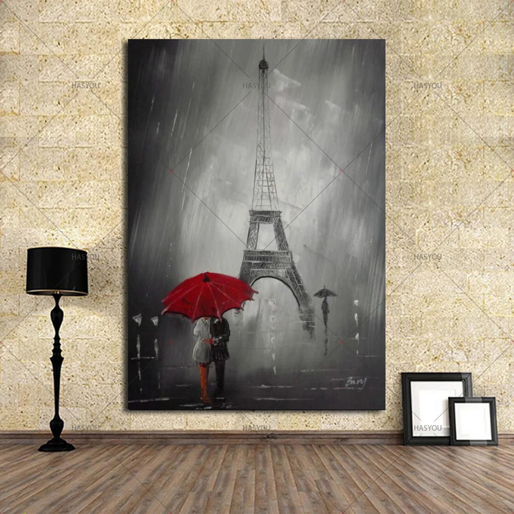 100 Handpainted Red Umbrella Romantic Paris City Tower Oil Painting on