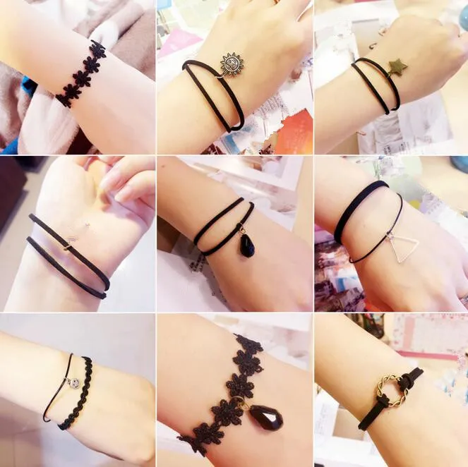 

Imitation Pearl bracelet sweet multi-layered velvet lace Geometric triangle shape starfish wing bell pendant female bracelet