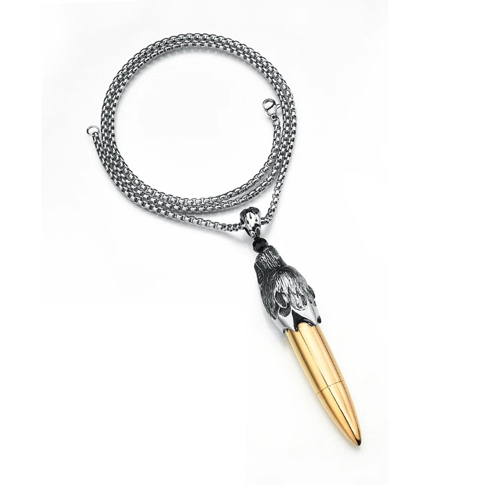 YANGQI Stainless Steel Wolf Head Bullet Pendant Necklace Silver Chain Openable Animal Souvenir Bullet Pendant Statement Jewelry