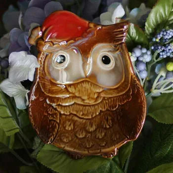 

Multicolour Glaze Ceramic Decoration Crafts Red Hat Owl Ashtray Plate , Home Table Decor