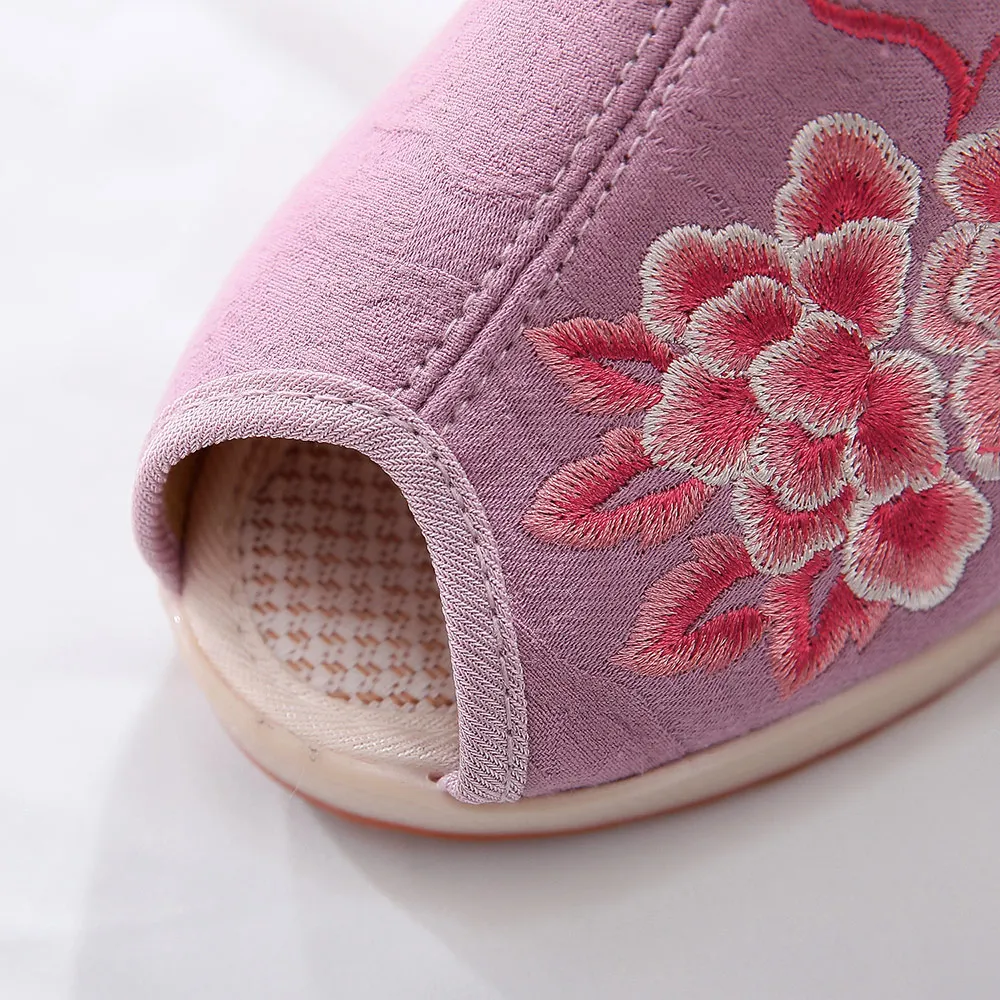 Veowalk Women Jacquard Cotton Peep Toe Slides Slippers Handmade Summer Ladies Casual Comfort Embroidered Shoes 6.5cm Platforms