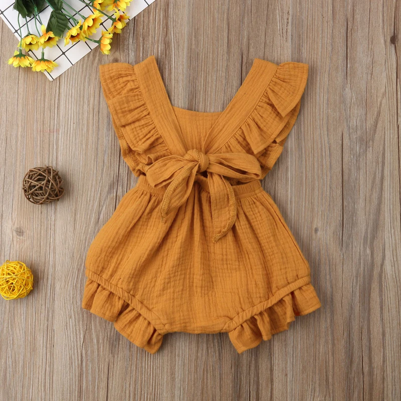 Newborn Baby Girl Summer Ruffle Cotton Romper Jumpsuit Outfits Clothes Sunsuit 0-24M Solid Color Outfits