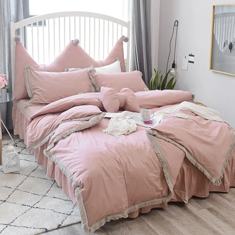 European luxury pure color 100 cotton bedding sets tassel duvet covet