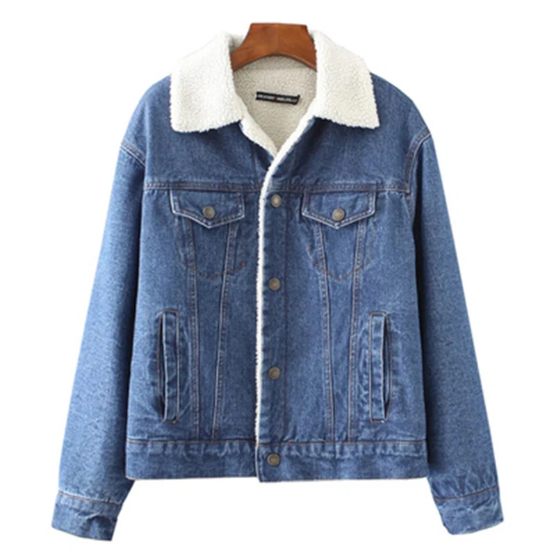 

2018 Spring Autumn Fur Jeans Women Denim Jackets Blue Coat With Front Button Flap Pockets Loose Warm Streetwear Female L927
