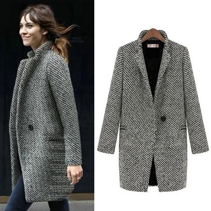 

Women Fashion Long Woolen Coat Female Plus Size Winter Plaid Jacket Long Wool Blend Cape Coat Tweed Outwear