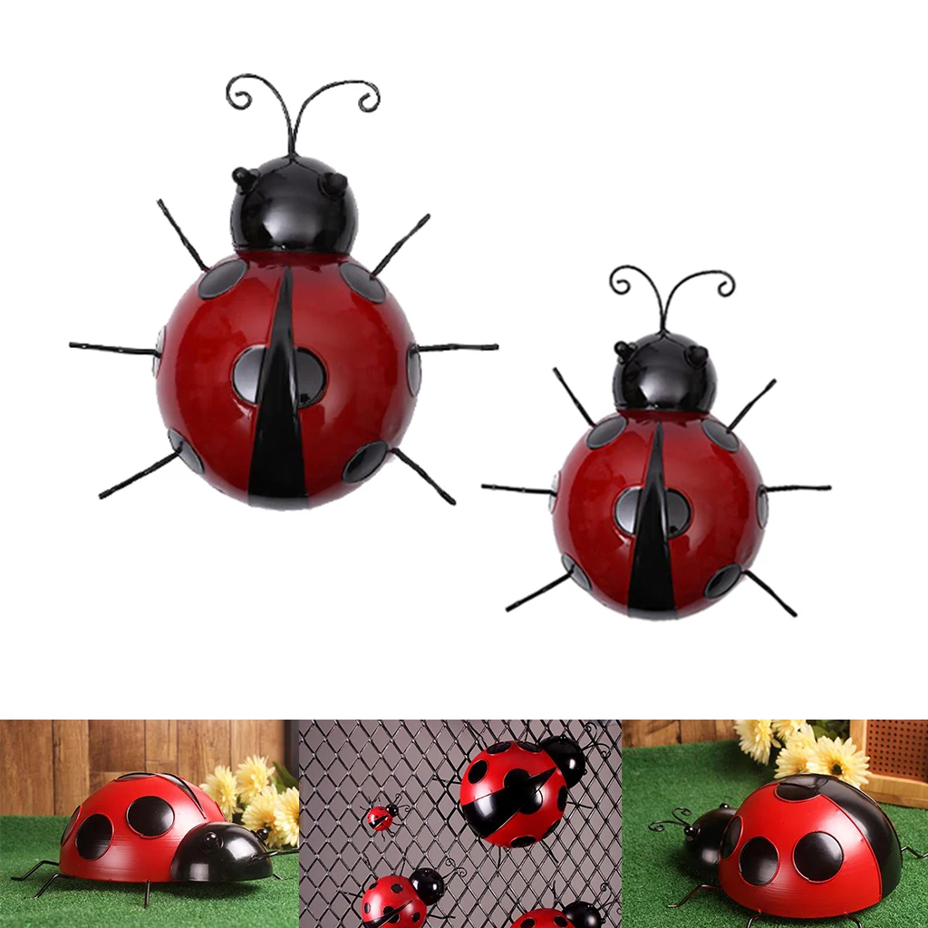 2pcs Metal Ladybug Fence Hanger Wall Hanging Outdoor Garden Decorative Figurine Wall Art, Red, 10cm 16cm