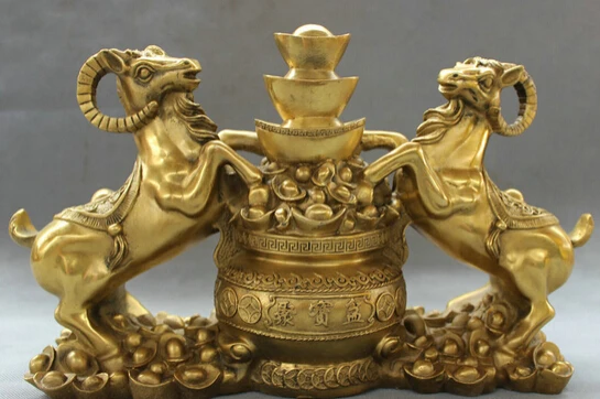

004415 15" Chinese Pure Brass Folk FengShui Wealth 2 Sheep Treasure Bowl Statue Animals