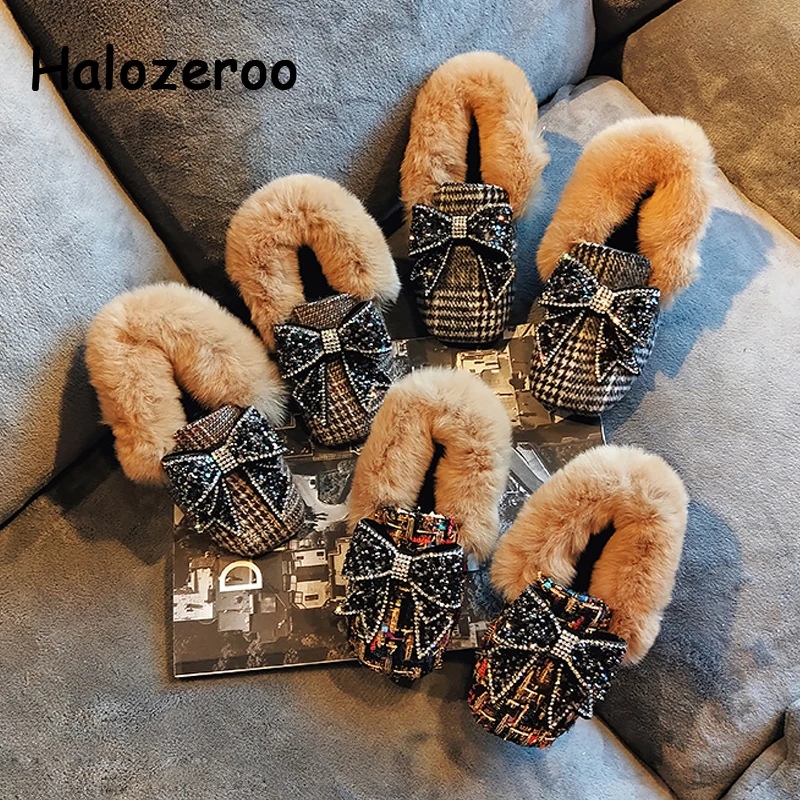 

Halozeroo New Winter Baby Girl Black Shoes Children Fur Fashion Warm Flats Toddler Brand Bow Loafer Kid Rhinestone Sweet Shoes