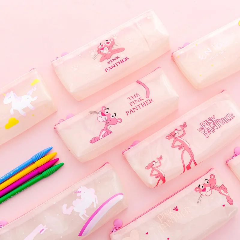 

Cartoon Pink Panther pencil case Transparent Unicorn Leopard pen bag Staionery pouch gift pencilcase school supplies Zakka