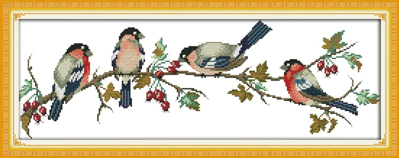 

Four Bullfinches Printed Canvas DMC Counted Cross Stitch Kits printed Cross-stitch set Embroidery Needlework