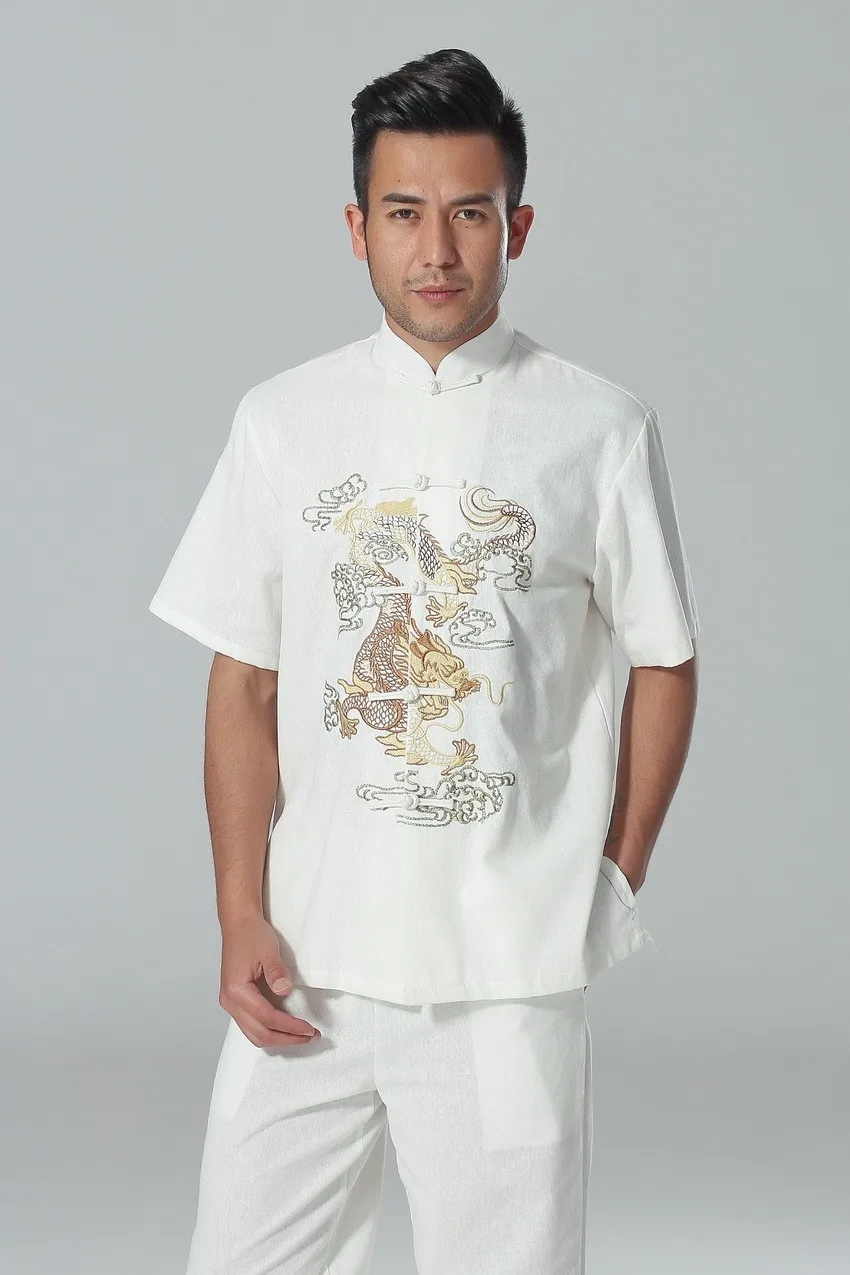 Шанхай история весна осень для китайского кунг-фу набор дракон мужской повседневный костюм Тай чи рубашка с короткими рукавами+ брюки льняная форма для кунгфу