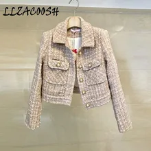 Мода г. осень зима для женщин твидовый пиджак Элегантный однобортный короткая куртка шерстяное пальто, верхняя одежда
