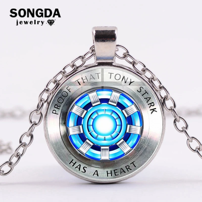 

SONGDA Avengers Iron Man Tony Stark Arc Reactor Necklace 3D Print Glass Pendant Silver Plated Long Necklace Marvel Fans Souvenir