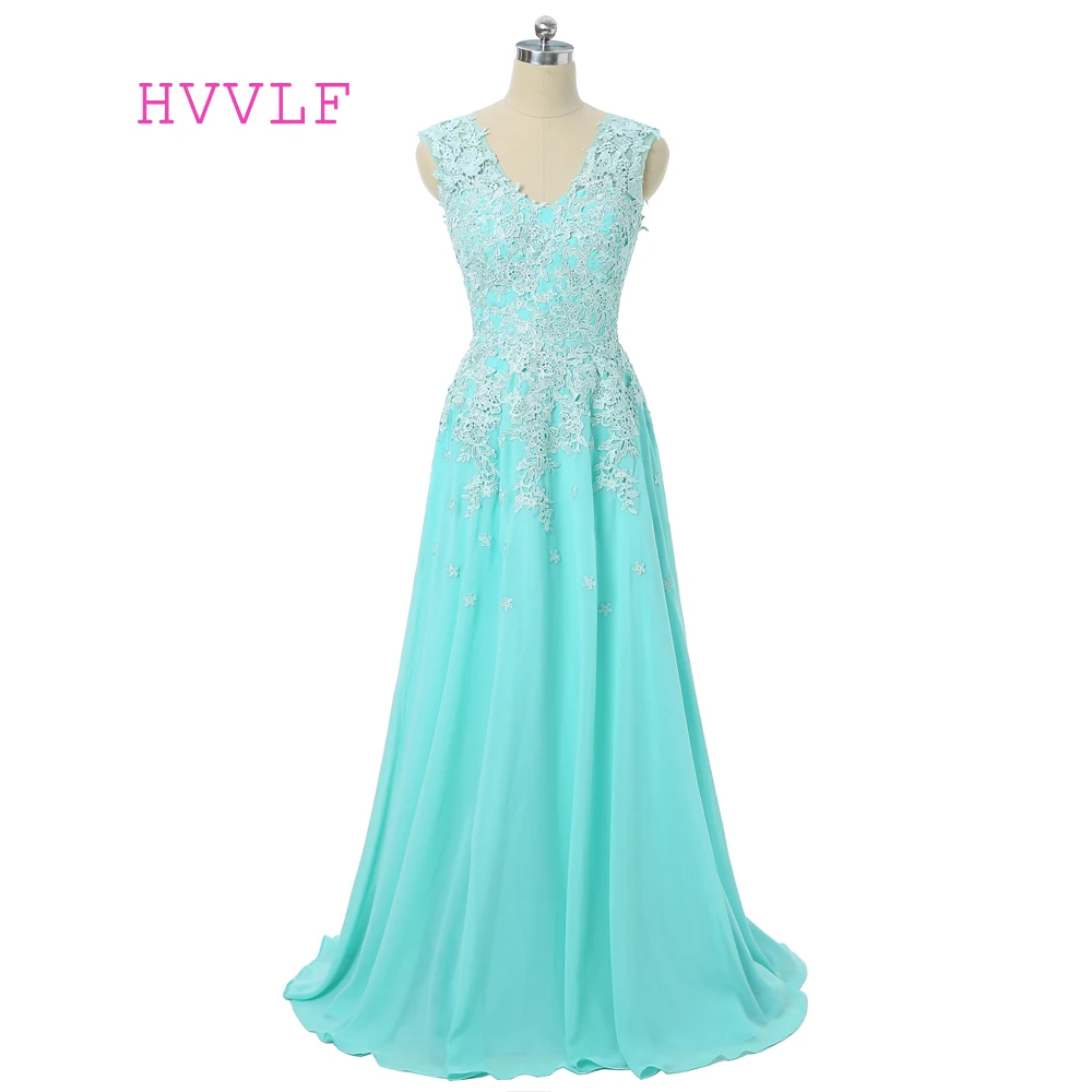 

Turquoise Evening Dresses 2019 A-line Deep V-neck Chiffon Lace Appliques Robe De Soiree Women Long Evening Gown Prom Dress