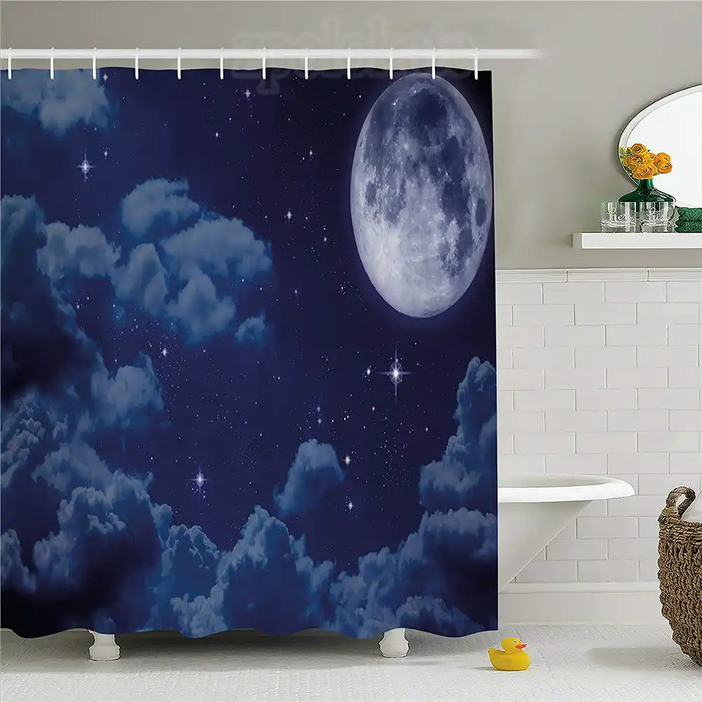 Night Sky Shower Curtain Cartoon Anime Scene Inspired Full Moon Lunar Clouds And Stars Artwork Fabric Bathroom Decor Set With Aliexpress
