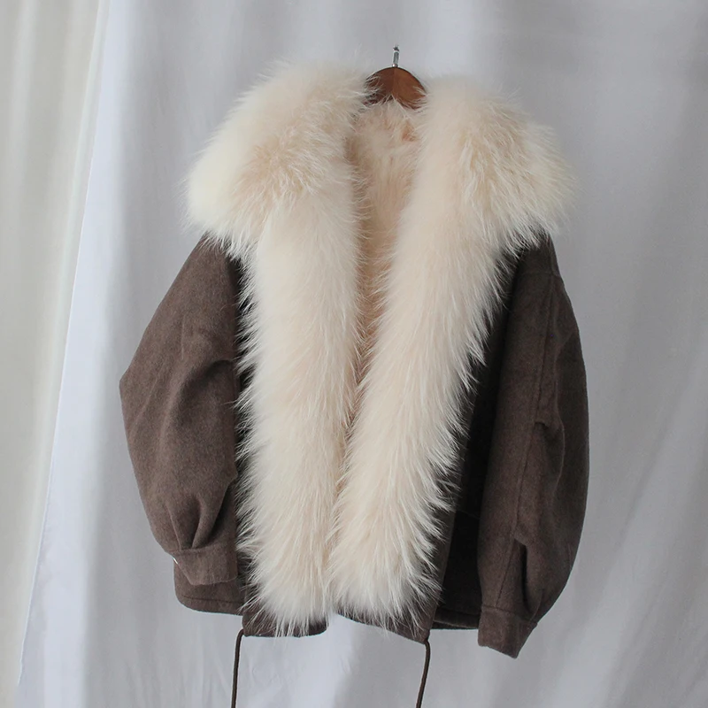 Зимняя женская куртка, бренд, натуральный мех, пальто, парка, шерстяное пальто, верхняя одежда, натуральный мех енота, Толстая теплая уличная одежда, новинка - Цвет: Коричневый