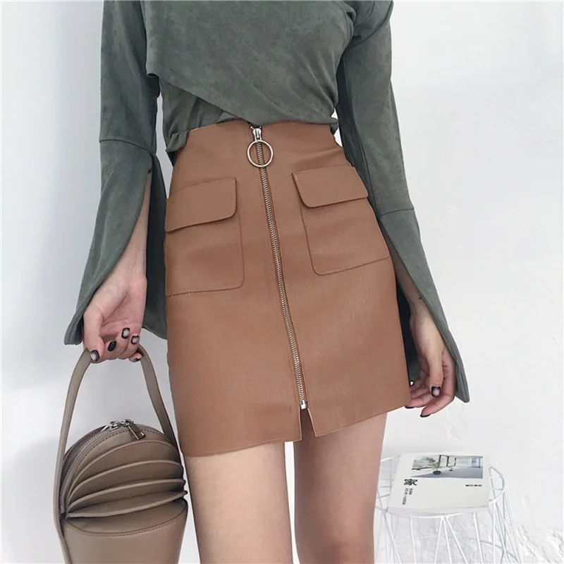 

A-line High Waist Mini Skirt With Pockets Women Clothing Sexy Zipper PU Leather Skirt