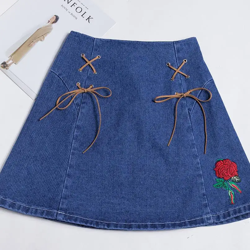Women Embroidery Skirt Denim Skirt Ripped Rose Floral Embroidered