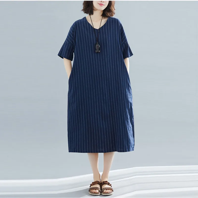 

Johnature 2019 Casual Striped Loose Dress Women Summer New Women Clothes V-neck Short Sleeve Pockets Plus Simple Dresses