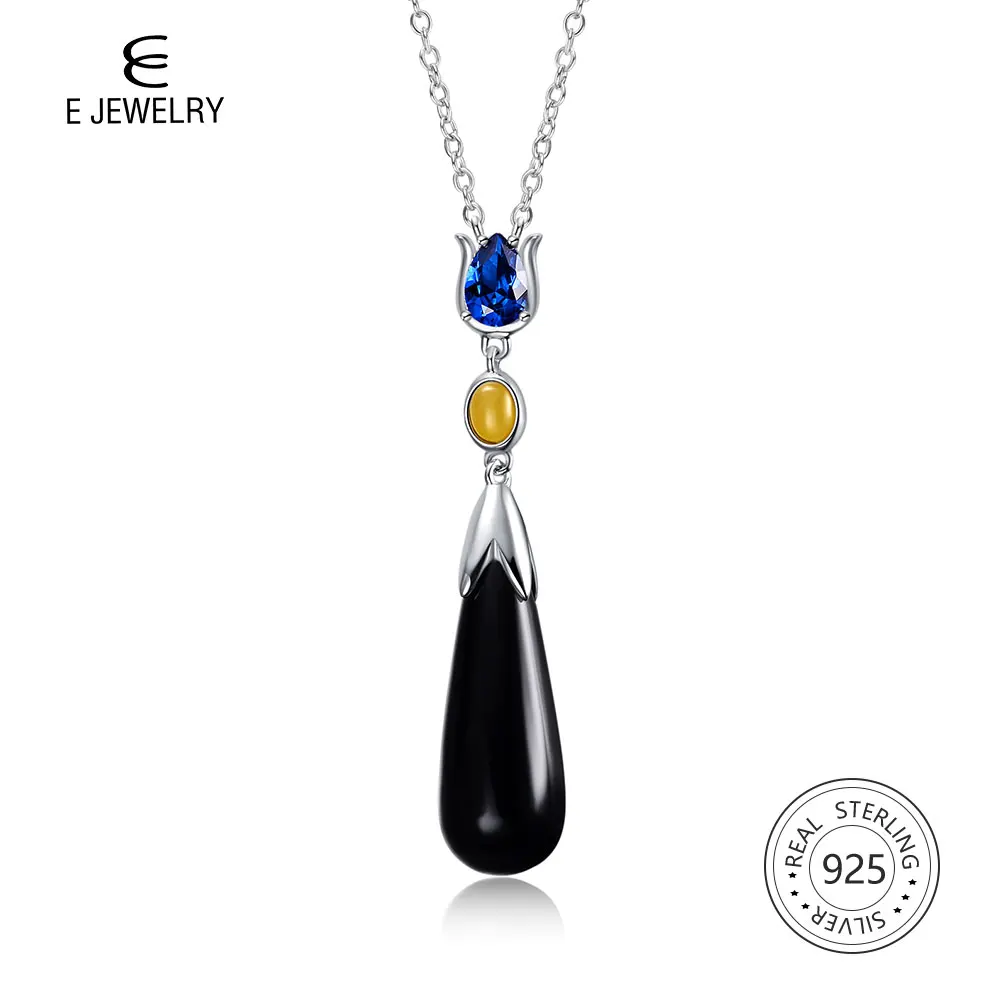 

E Jewelry Long Pendant Necklace 925 Sterling Silver Black Agate Necklace Fashion Chain Water Drops Neckalce For Women Girls