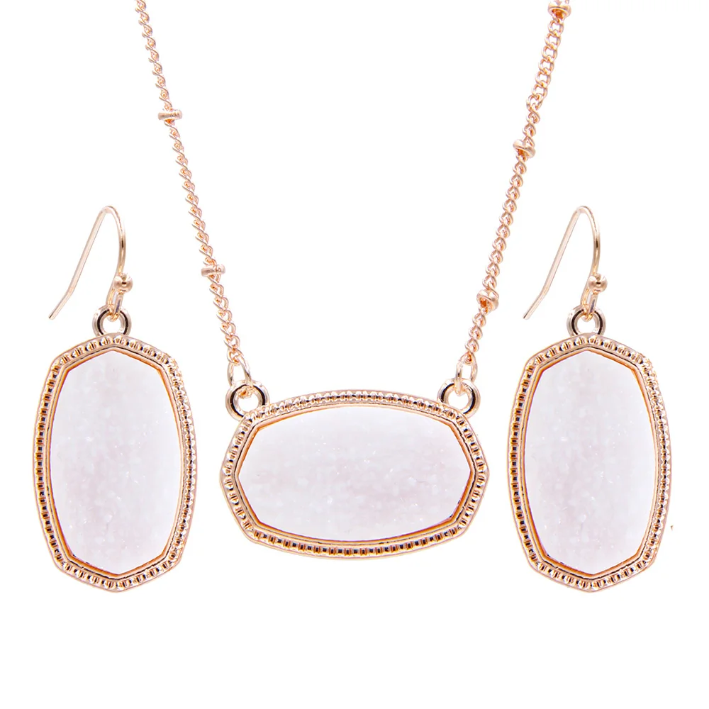 

Wholesale 6 Set Lot YJX Rose Gold Color Mini Iridescent Drusy Oval Pendant Necklaces With Earrings Jewelry Set Glitter Boutique
