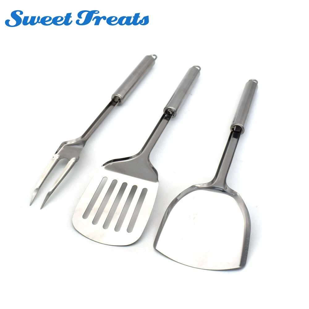 Sweettreats 3pcs stainless steel Cooking Utensils Large Size Turners For Fried Steak Shovel Long Handle Slotted Turner Spatula