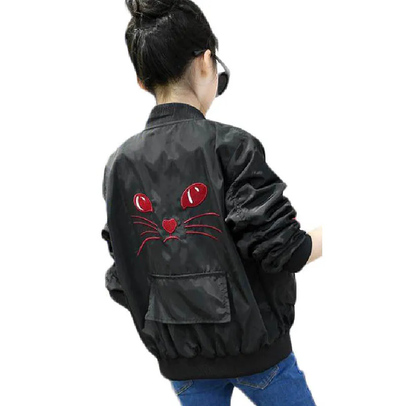 Unisex Kids Hipster Cat Embroidered Bomber Jacket Ribbed Cuff Oversize