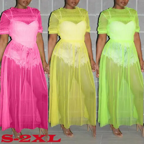 

2019 Fashion Women Ladies Solid Sheer Lace Mesh Perspective See Through Multi-Layer Summer Holiday Beach Dress