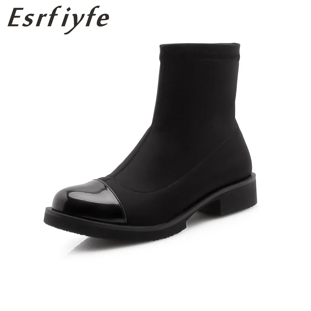 

ESRFIYFE 2018 New Spring Autumn Chelsea Thick Heels Ankle Boots Fashion Patent Leather Shoes Woman Ladies Black Matin Boots