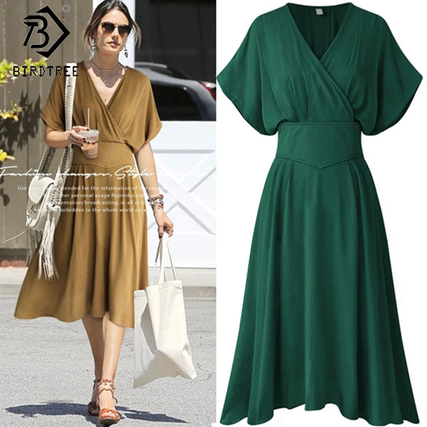 

L-4XL 2018 Spring Women V Neck Batwing Sleeve Dress Slim Waist Plus Size 4XL Big Hem Pullovers Ladies High Waist Dresses D82305A