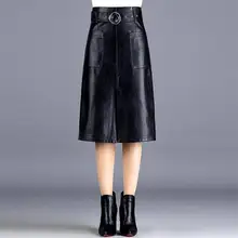 Осенне-зимняя Дамская обувь черного цвета из искусственной кожи Прямая Юбка-миди женский Высокая Талия до колена Длина юбка с разрезом с пояса плюс Размеры 4XL V201