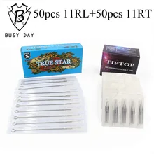 11RL+ 11RT) 50 шт. настоящая звезда Иглы для татуировки и 50 шт. наконечники для татуировки для верхней части