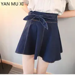 Новый бренд Лето 2017 г. новая Корейская версия был тонкий Высокая талия ковбой половина юбка дамы лук короткая юбка