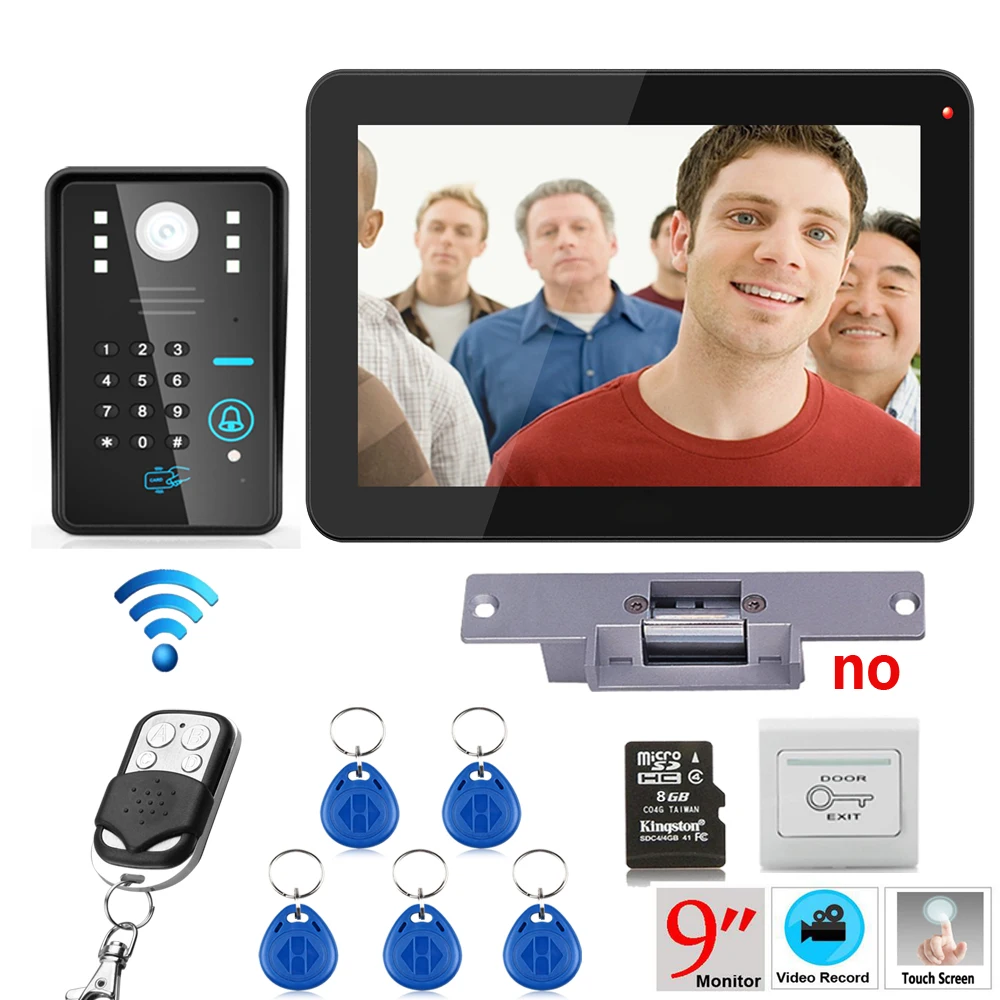 9 inch RFID Password Recording Video Door Phone Intercom 900TVL Kit + Wireless Remote Control Unlock++Electric Strike lock