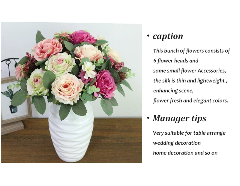 JAROWN Artificial Flowers Silk Plastic Flowers Pinecone Roses Bouquets Flower Bouquet For Wedding Home Party Decoration Decor (6)