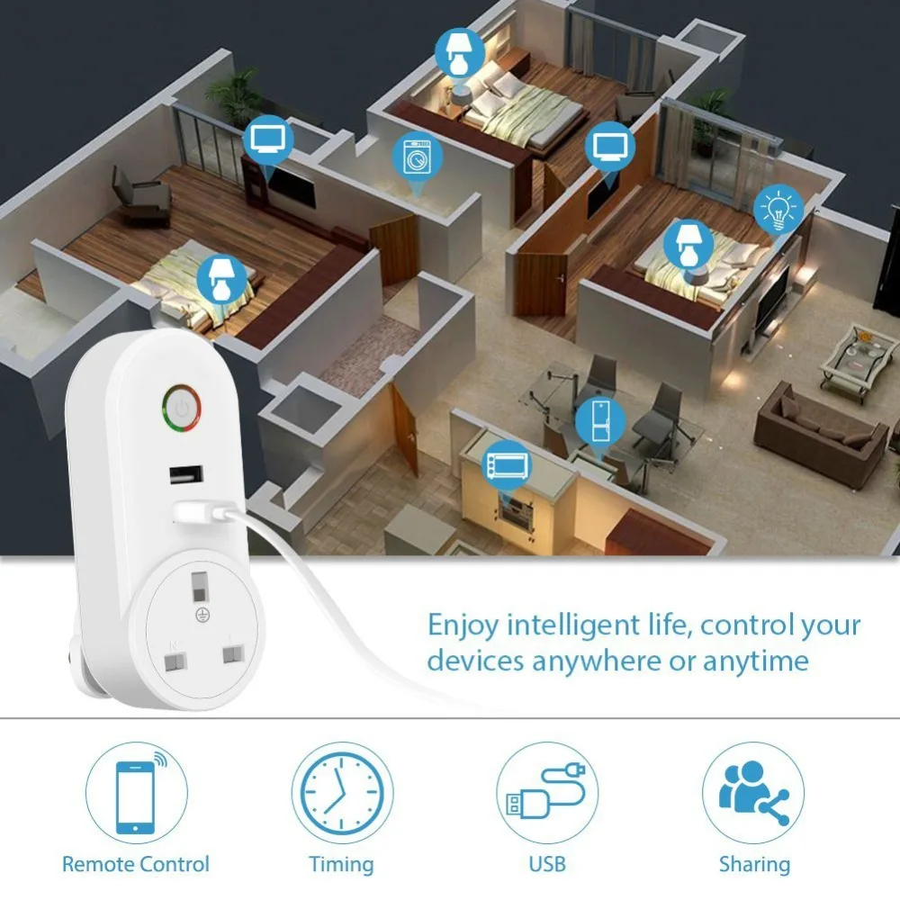 Wi-Fi пульт дистанционного управления, переключатель времени, розетка Smart UK Plug, розетка, беспроводная, с 2 USB разъемами, таймер, питание, домашние устройства 3
