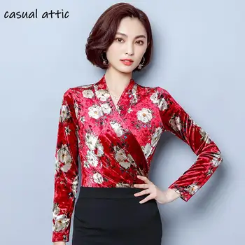 

Women Velour Bottom Soft Shirts Elegant Sexy V Neck Flower Print Blouse 2019 Autumn Female Long Sleeve Tops Plus Size