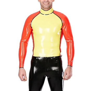 

Yellow Latex With Orange Color Suit Latex Men's Long Sleeves Shirt Back Zipped