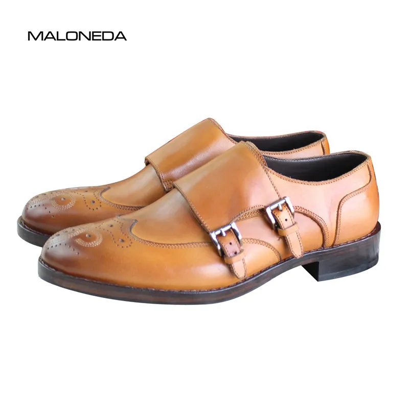 

MALONEDA Bespoke Handcraft Mens Genuine Leather Double Monk Straps Shoes mixed Colors Brogue Shoes With Goodyear Welted