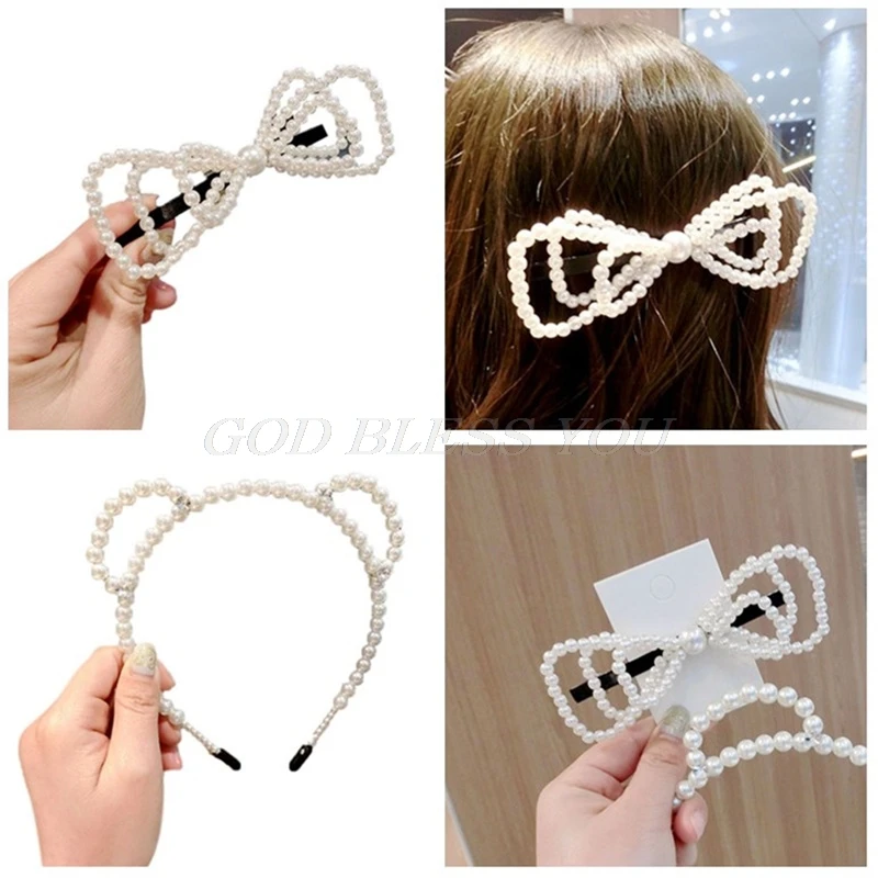 

Japanese Ladies Girls Cute Bear Ears Headband Large Bowknot Spring Hair Clips Rhinestone Imitation Pearl Party Headpiece Crown