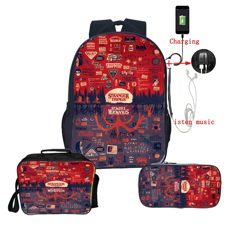 

Stranger Things 3 Backpack Students Boys Girl Schoolbag Teens USB Charge Laptop Backpack 3pcs/set Backpack+lunchBag+pencilCase