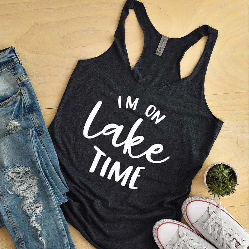 

Women Tri-blend Racerback Tumblr Tank Top Summer Sexy Sleeveless Slogan Black Gym Workout Clothing Shirt Im on Lake Time Tank