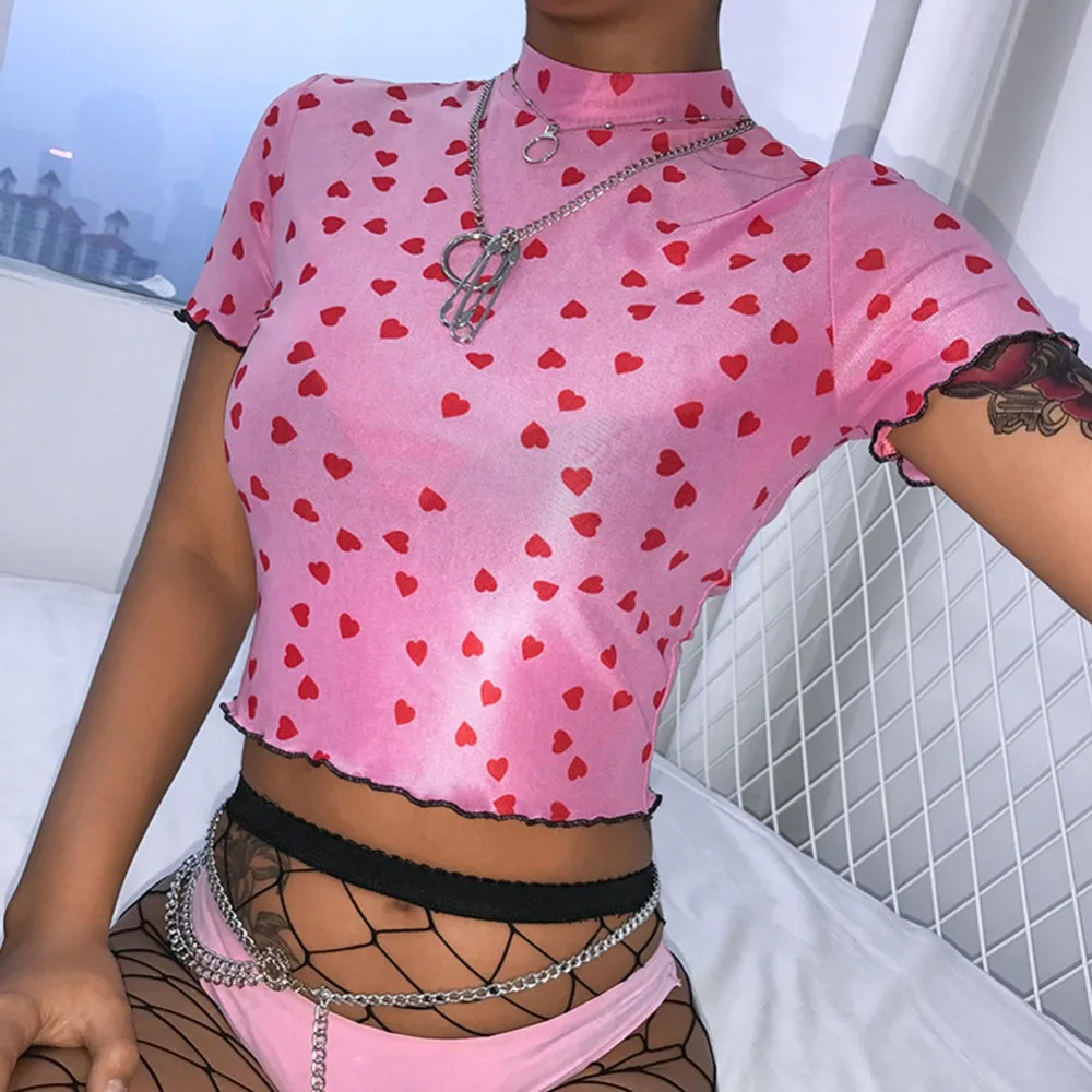 

2019 Pink Kawaii Cropped Tshirt Top Heart Print Cute Woman Clothes Short Sleeve Sexy Mesh Summer T Shirt Slim Fit Short Sleeve