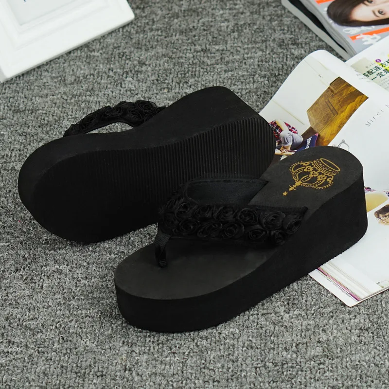 

POADISFOO 2019 Rose Sandals Summer New Lace Flower Wedge Sandals And Slippers women's flip-flops WNH-812
